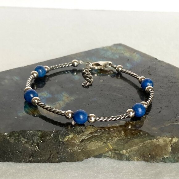 Sterling Silver 925 Twisted Rope Beaded Sodalite Station Bracelet 7"- 8" - Picture 5 of 16